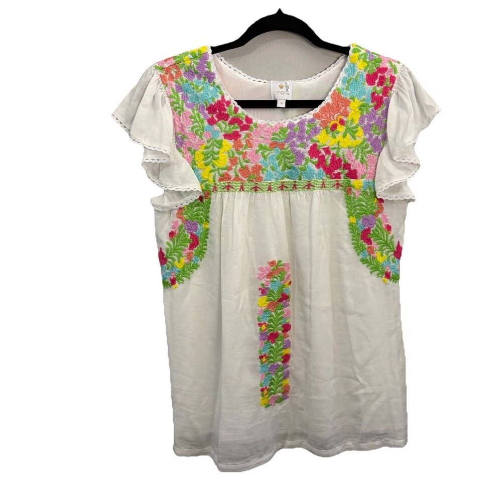 J. Marie Embroidered Floral Short Sleeve Blouse Art Wear Women Small